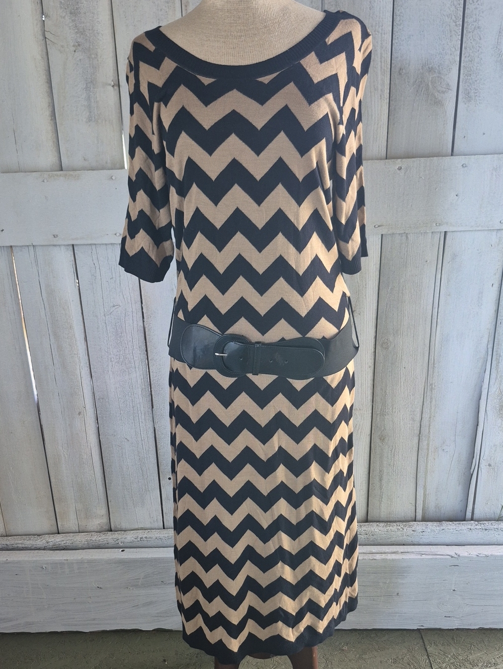 Allison Brittney Black and Tan Chevron Knit Midi Dress